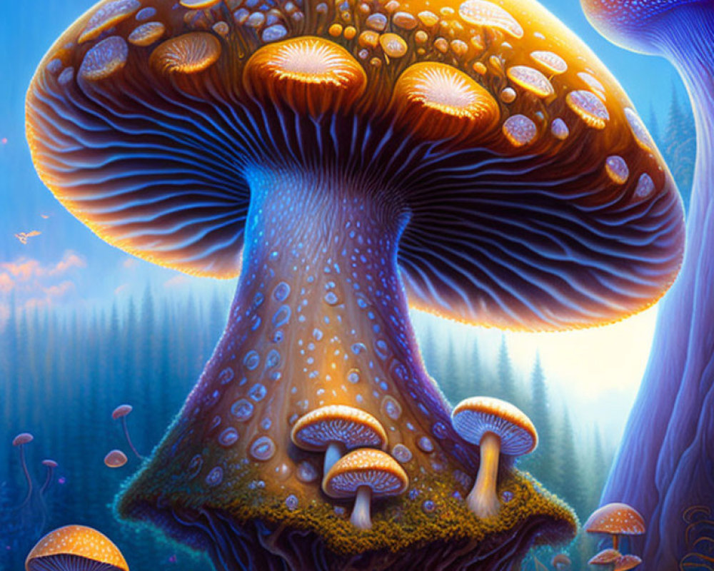 Colorful surreal mushrooms in mystical forest under twilight sky