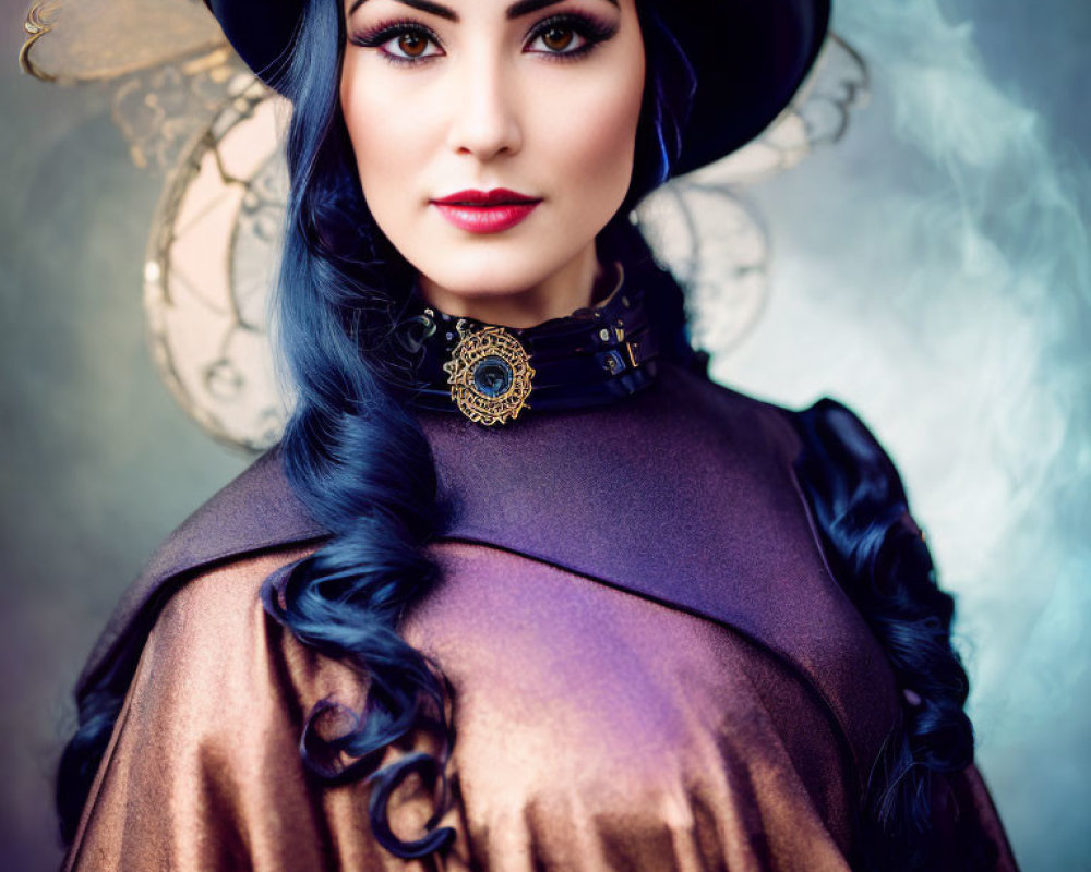 Victorian-inspired woman in purple hat and cloak with bold makeup and elegant hairstyle