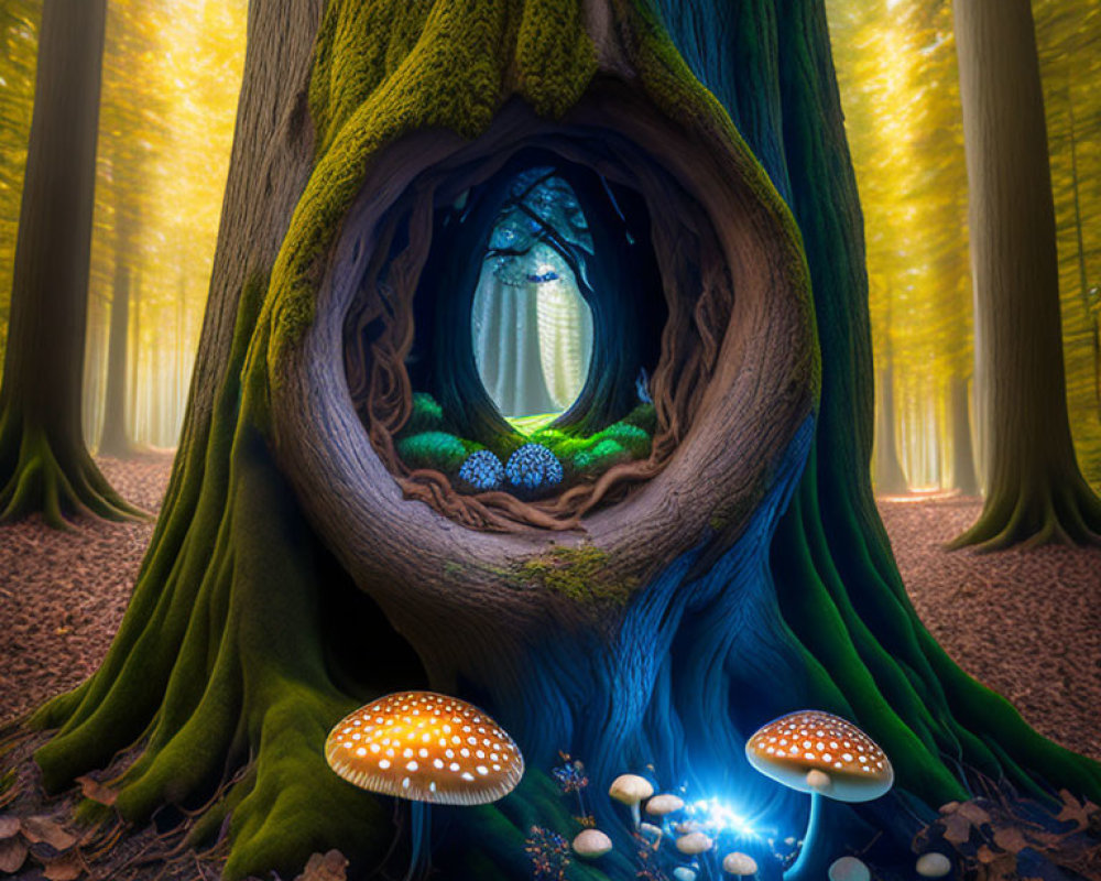 Enchanted forest with glowing tree trunk, mossy roots, mushrooms, and light rays