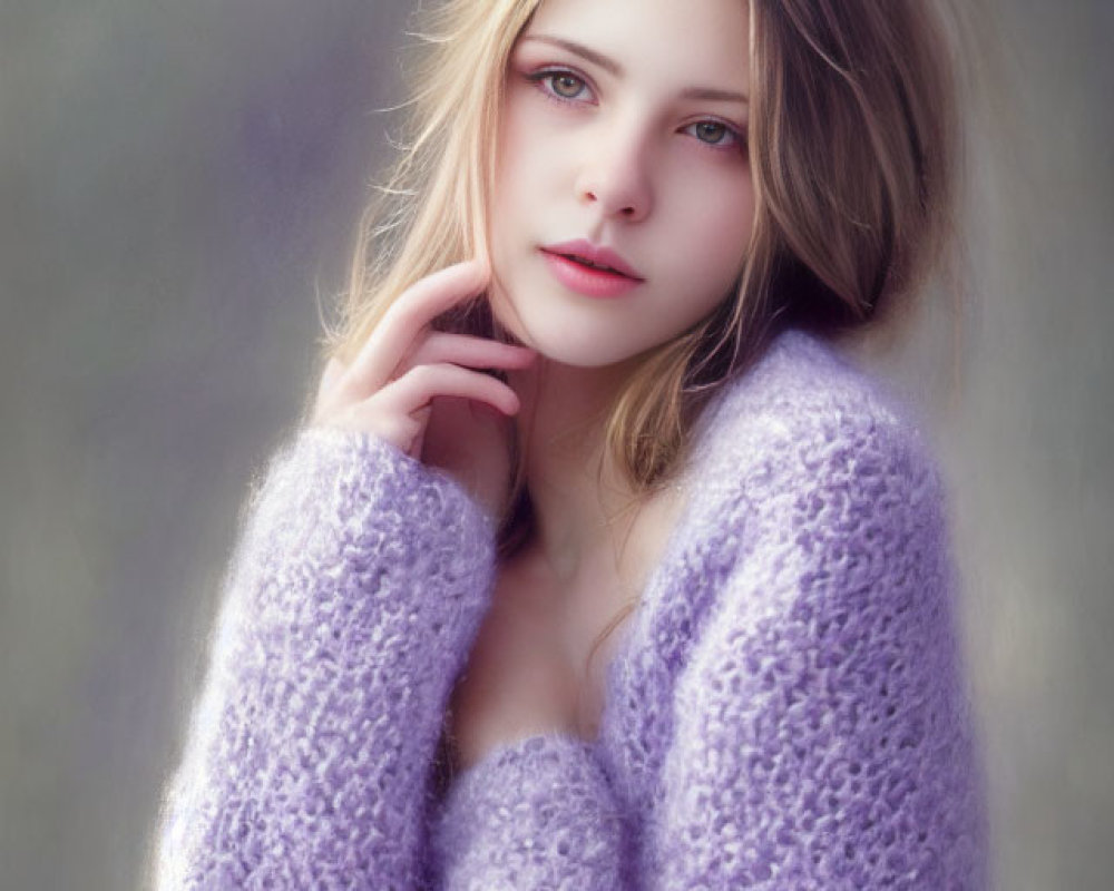 Light Brunette Woman in Purple Sweater Contemplating