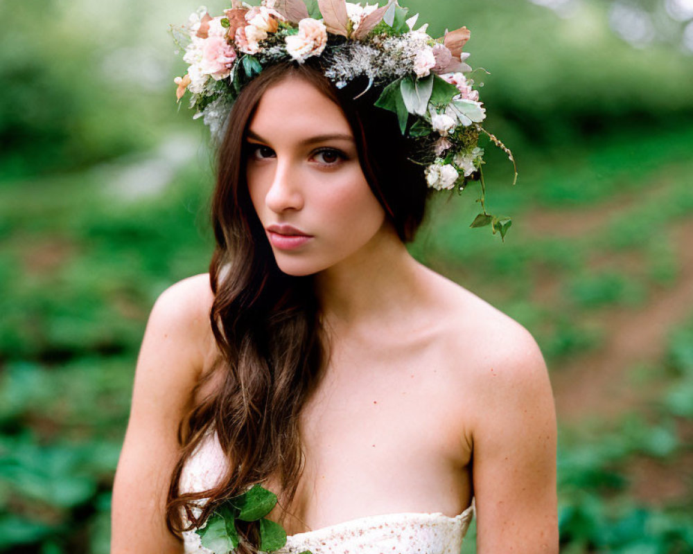 Woman in Strapless Dress with Floral Crown Among Green Foliage