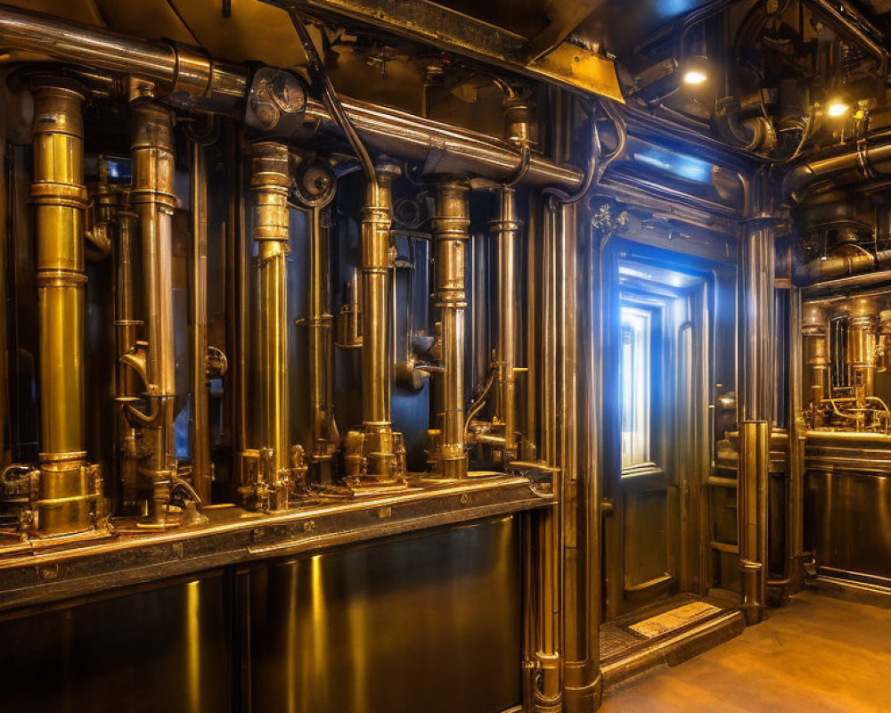 Steampunk-Inspired Room with Metallic Pipes and Lit Doorway