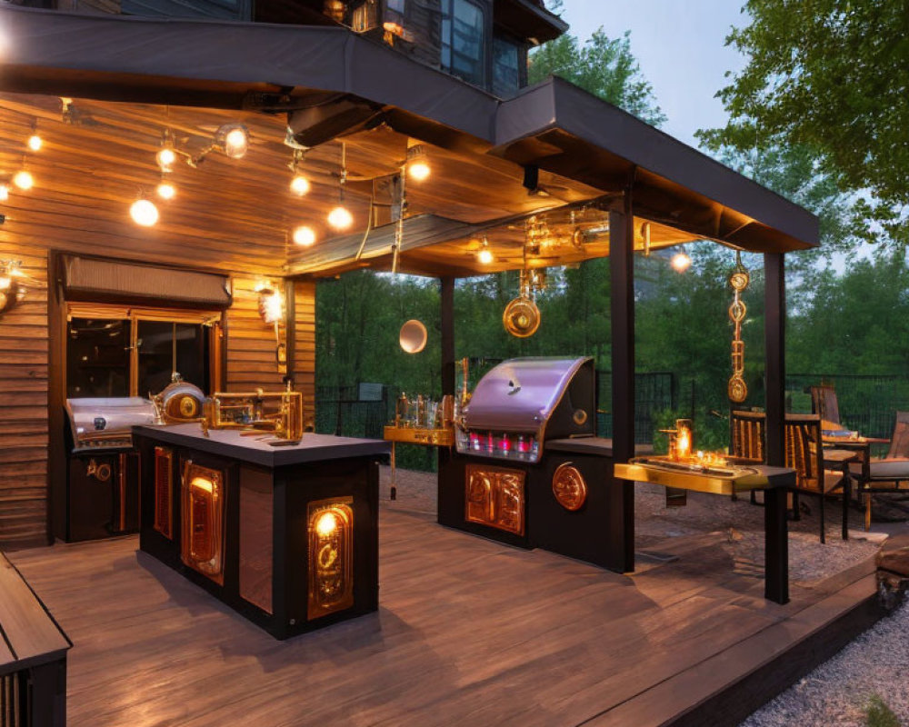 Modern Outdoor Deck with Kitchenette, Grill, and Bar Seating at Dusk