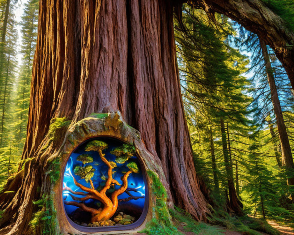 Giant redwood tree with surreal circular portal to fantasy landscape