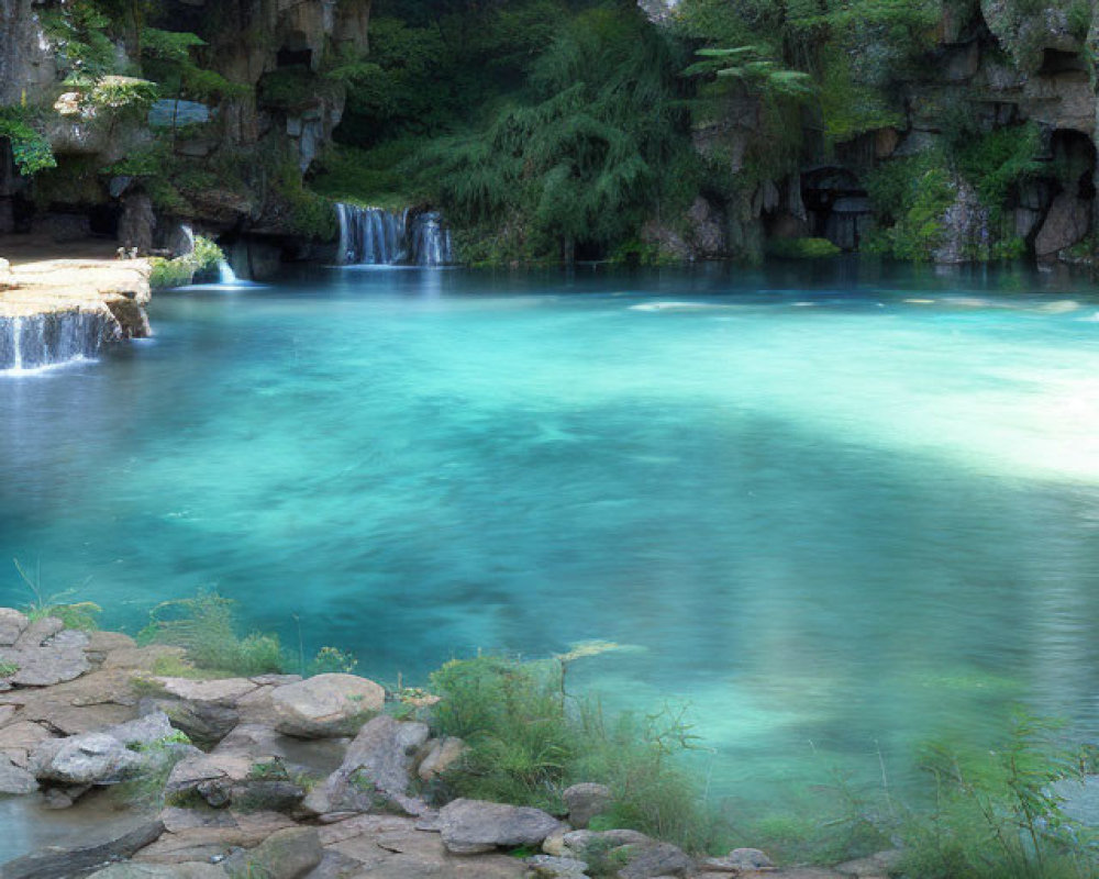 Clear Turquoise Natural Pool with Rocky Cliffs & Waterfalls