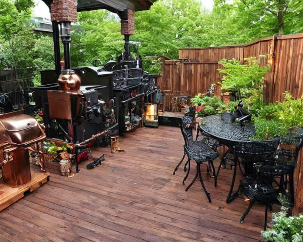 Inviting backyard with wooden deck, lush greenery, metal table set, and copper still under perg