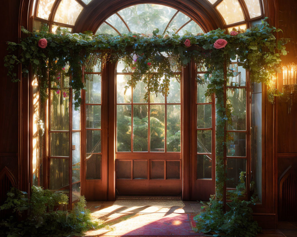 Wooden arched doorway with greenery and pink roses under sunlight