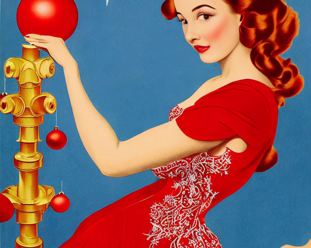 Illustration of woman in red holiday dress placing ornament on golden stand with Christmas decorations and snowflake.