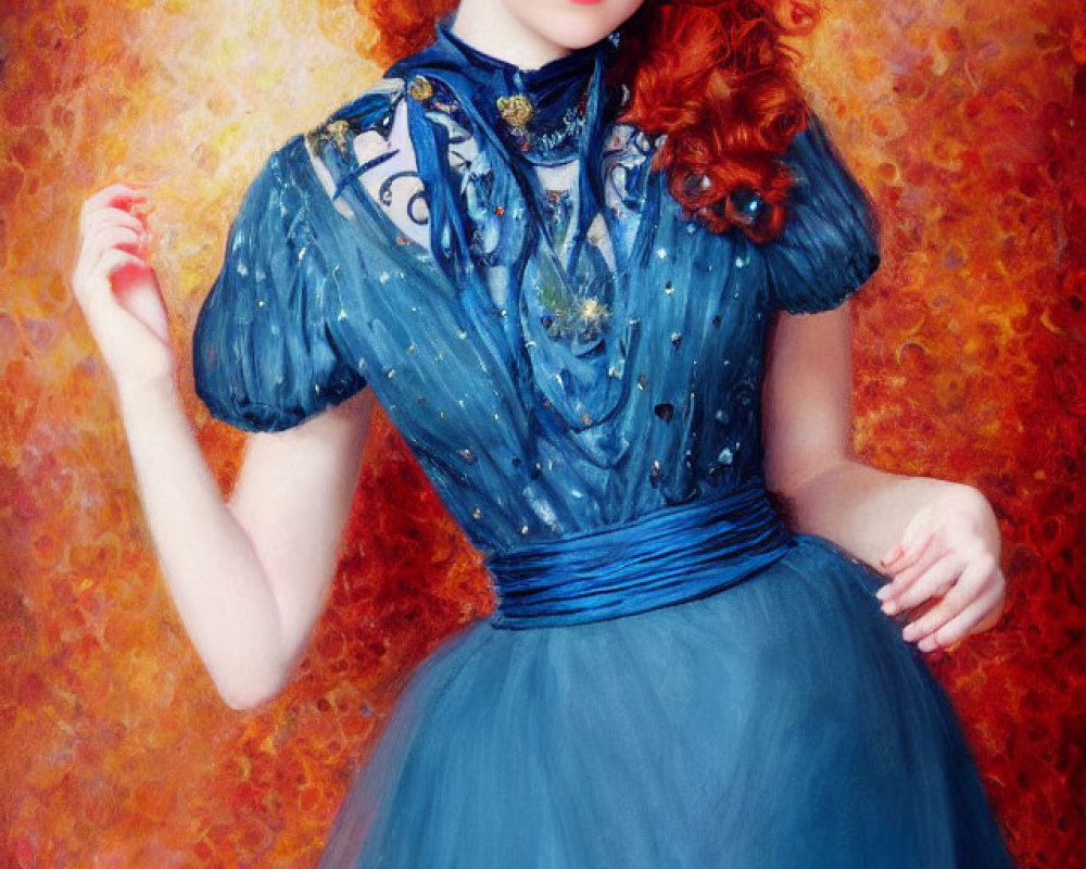 Vibrant red-haired woman in blue vintage dress against abstract orange backdrop