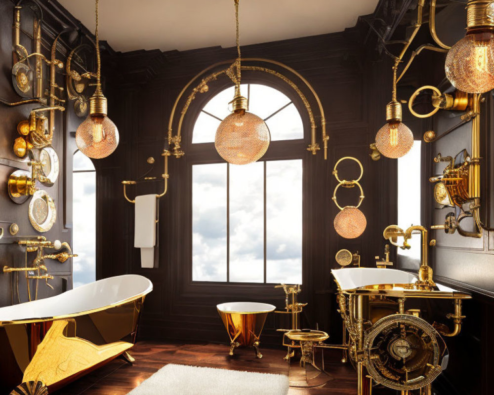 Luxurious Bathroom with Gold Accents, Clawfoot Tub, Vintage Fixtures, and Hanging Globe Lights