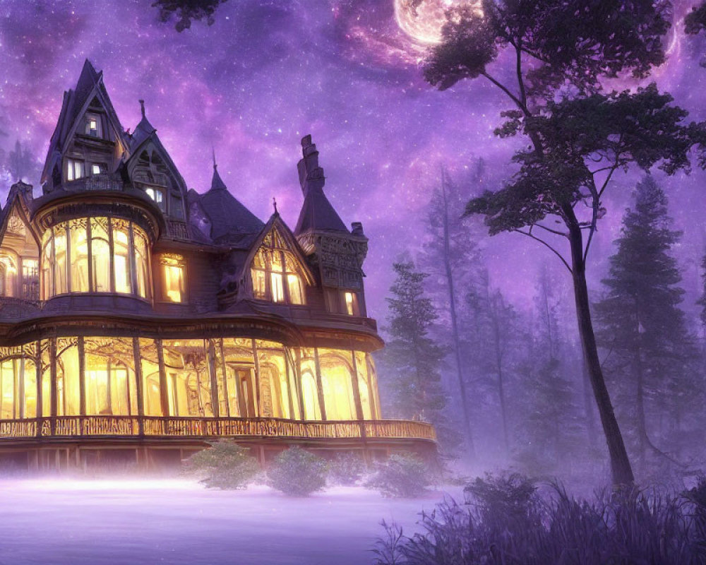 Victorian-style mansion in mystical forest at twilight with purple sky and swirling galaxies