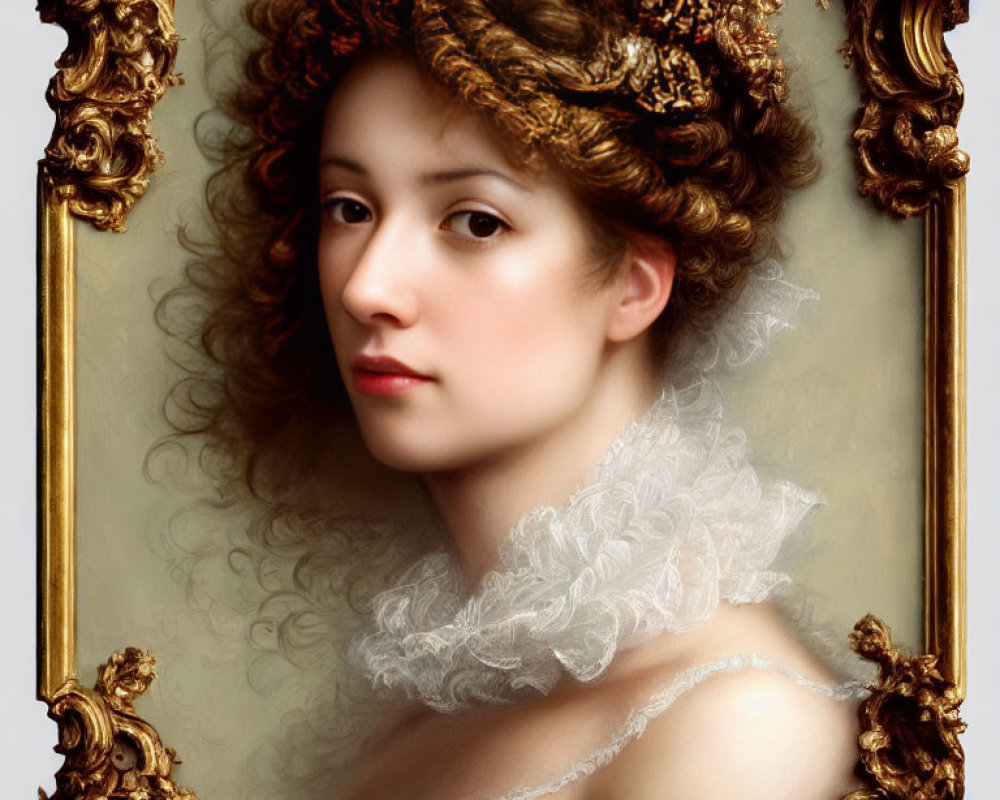 Portrait of Woman with Lace Collar and Ornate Hairpiece in Elaborate Golden Frame