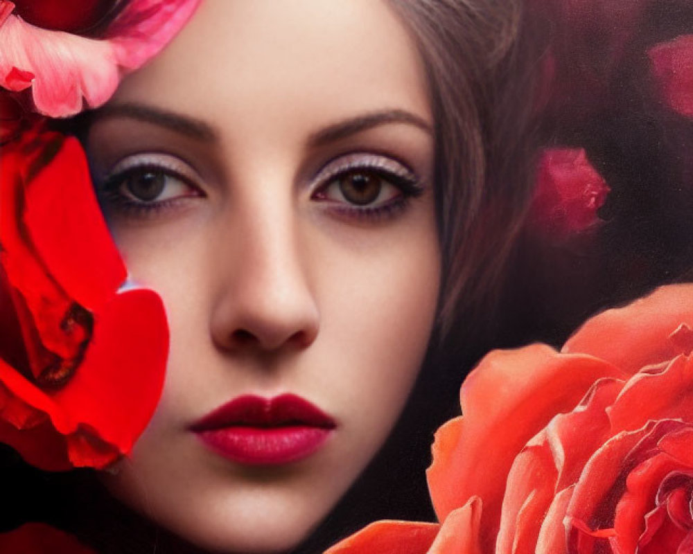 Portrait of Woman with Red Lipstick and Flower Surrounded by Vibrant Red Roses