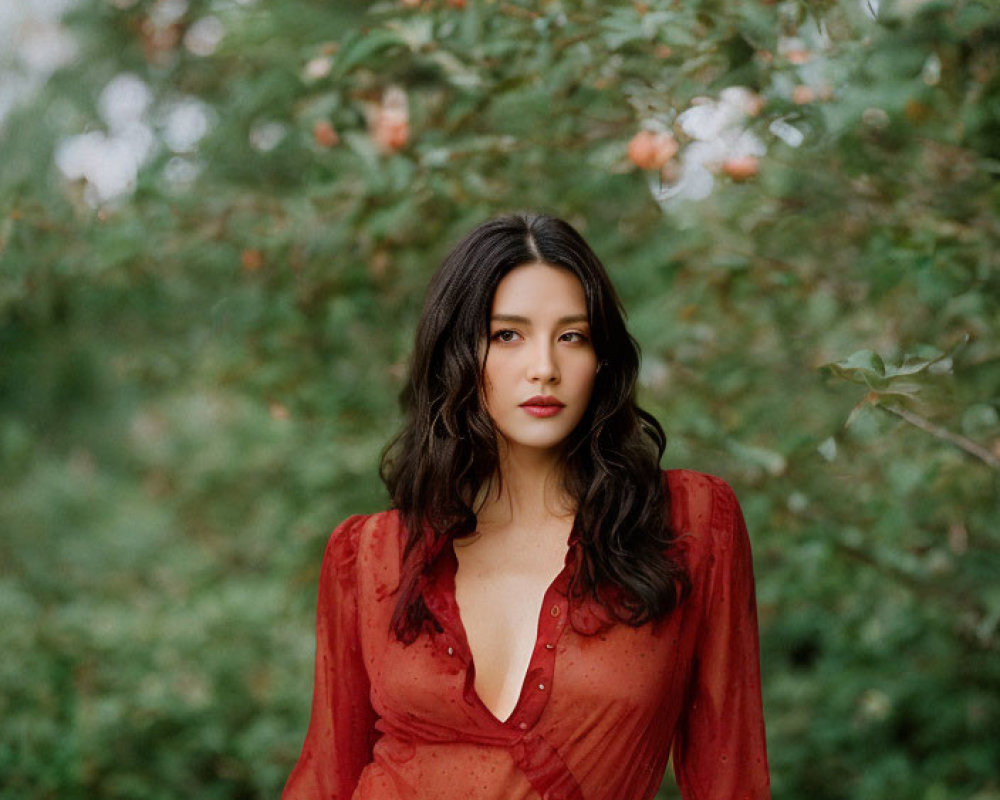 Woman in Red Dress Standing by Fruit Tree in Serene Setting