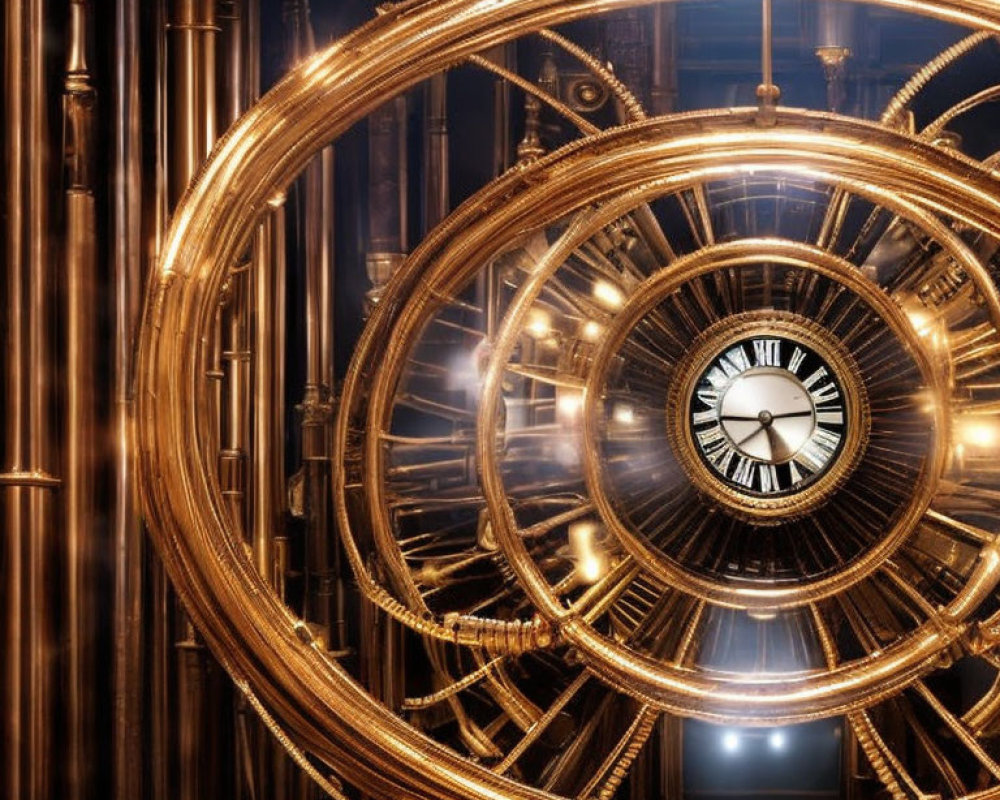 Golden illuminated clock gears and classic face with steampunk aesthetic.