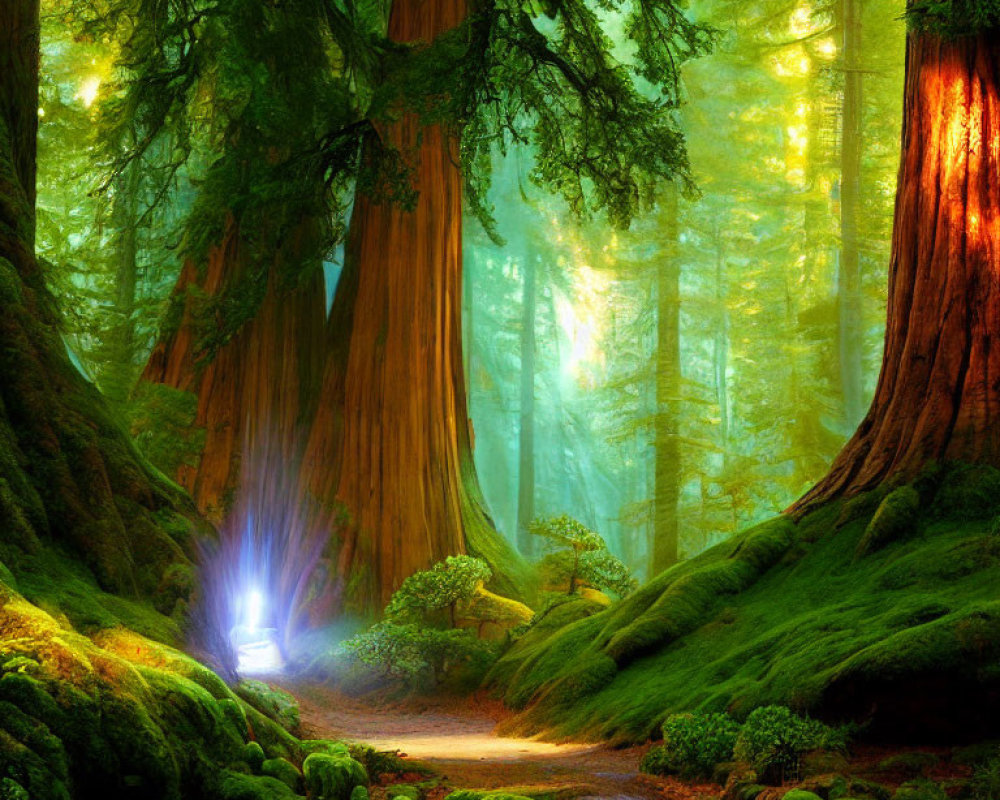 Misty forest with vibrant trees, moss, winding path, and glowing light