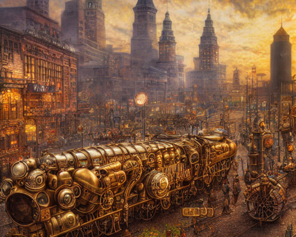 Detailed Steampunk Cityscape with Sunset, Steam Train, and Retro-Futuristic Architecture