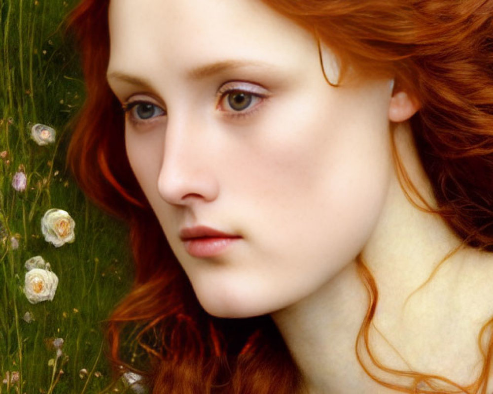 Portrait of a Woman with Red Hair and White Flowers