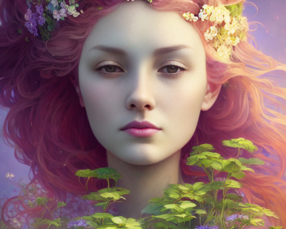 Vibrant red hair woman with floral crown in surreal purple and green background