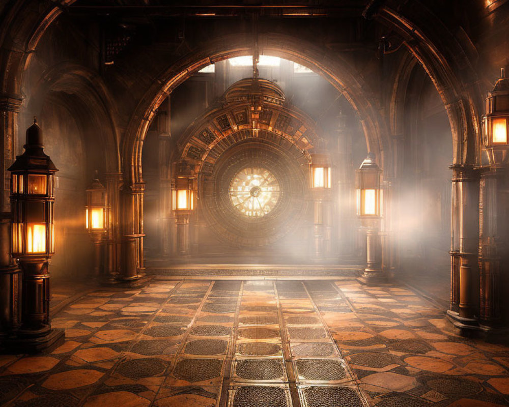 Grand Hall with Large Clock Face and Ornate Lamps in Golden Sunlight