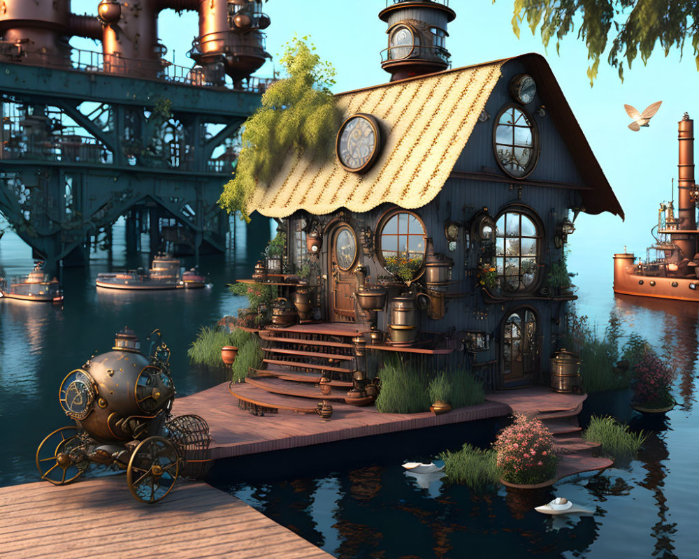 Steampunk house by water with cogwheel details and submarine.