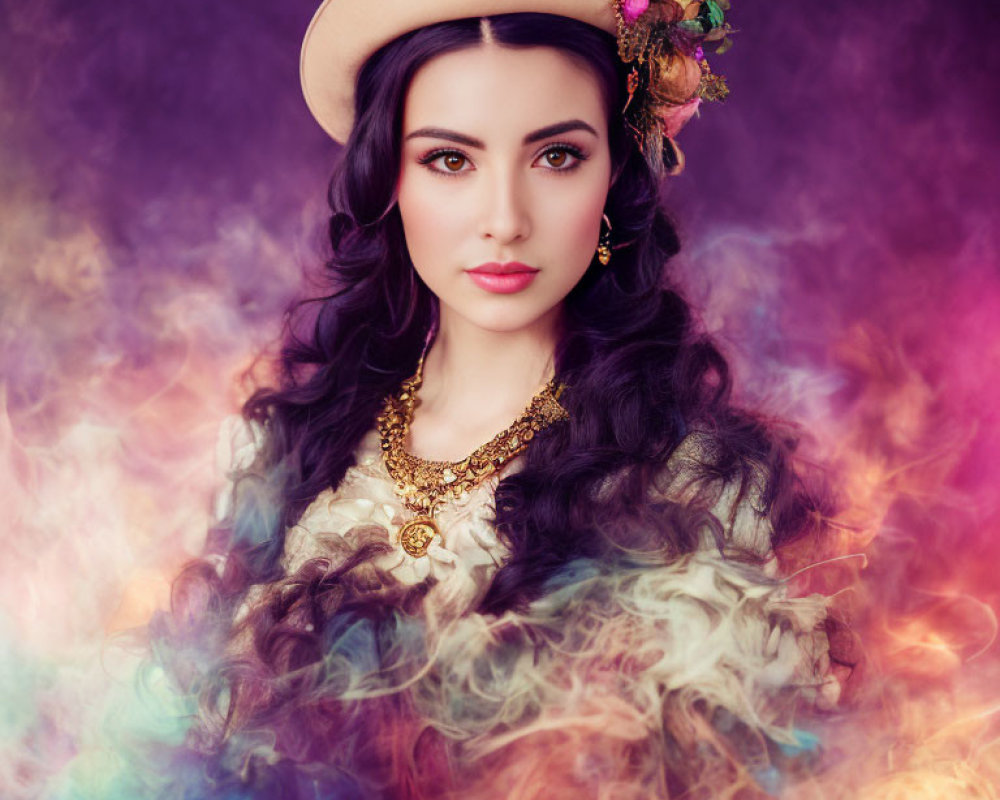 Dark-Haired Woman in Flowered Hat with Gold Jewelry and Smoky Background