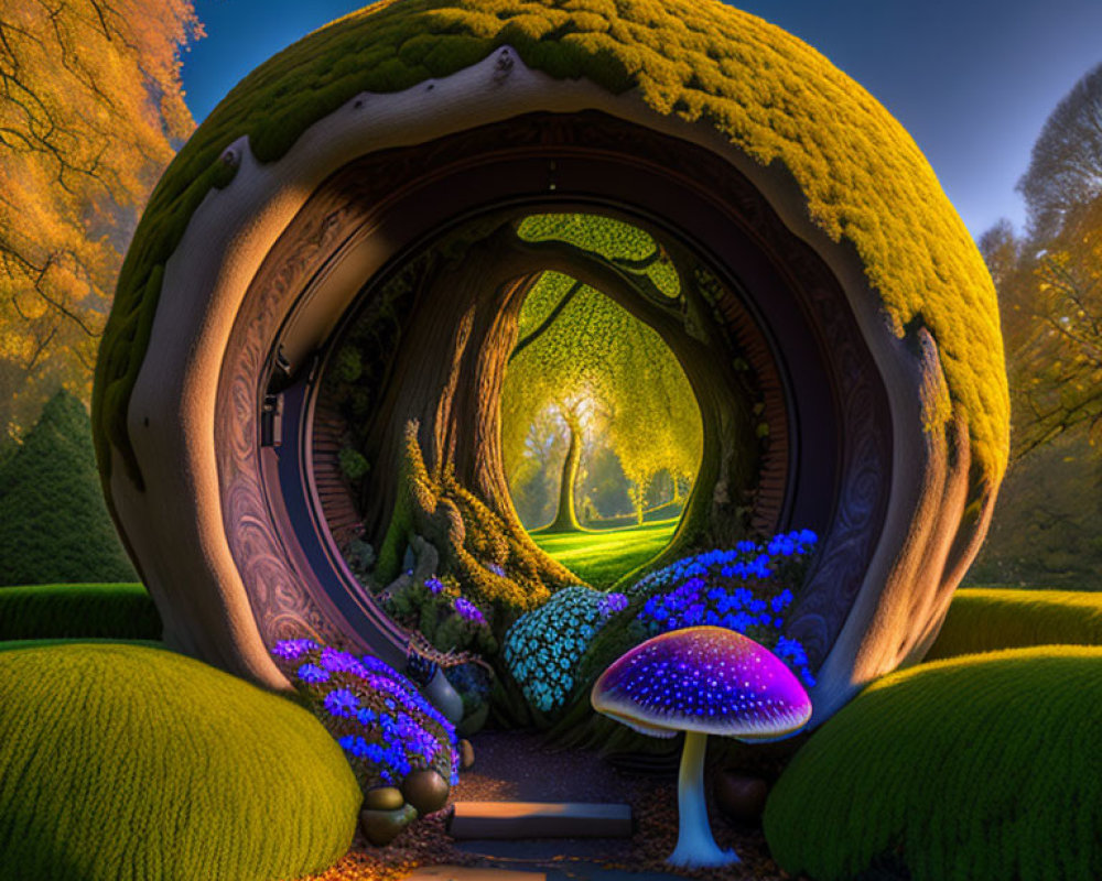 Moss-Covered Arch & Glowing Mushrooms in Vibrant, Dreamlike Landscape