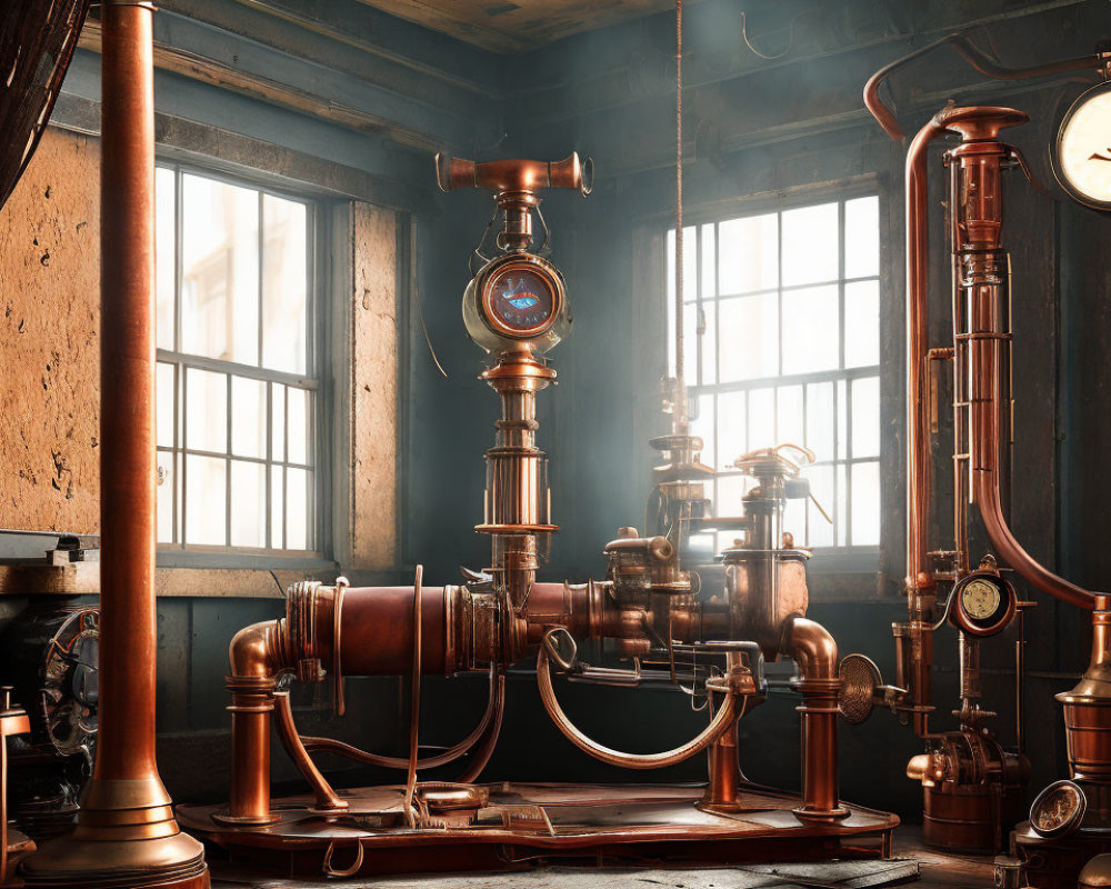 Steampunk-themed Room with Copper Pipes and Vintage Gauges