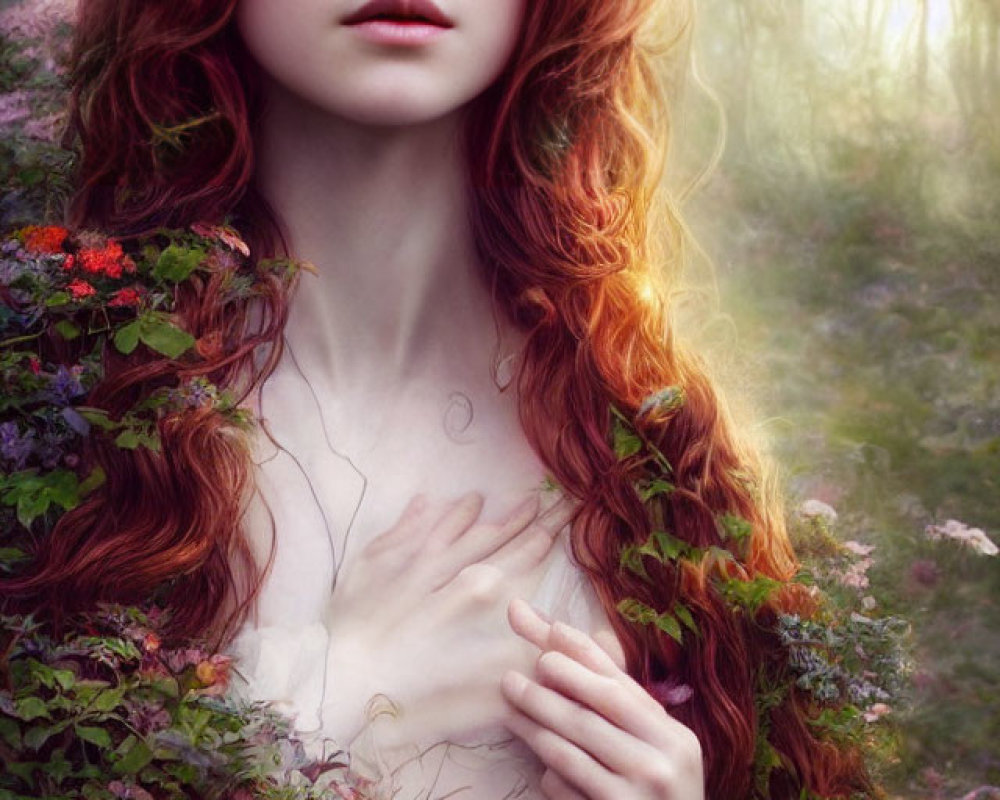 Red-haired woman in floral crown in misty forest with blue eyes