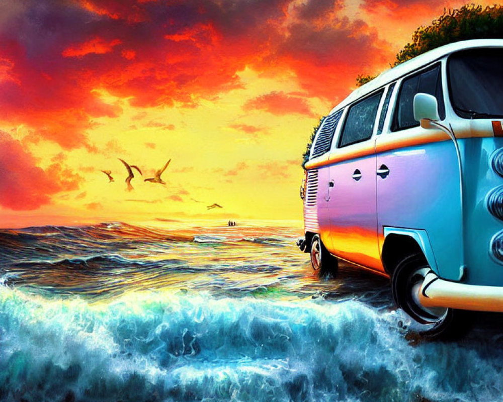 Vintage Van on Beach at Sunset with Waves and Birds