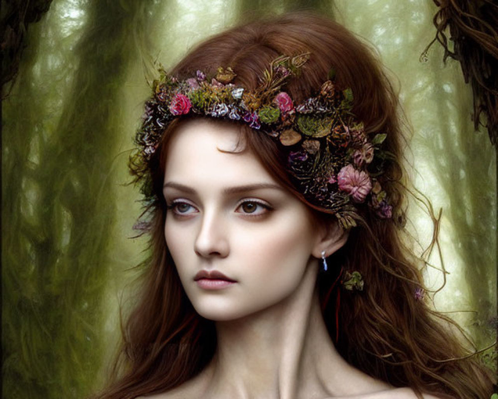 Woman with Floral Crown in Mystical Forest Setting