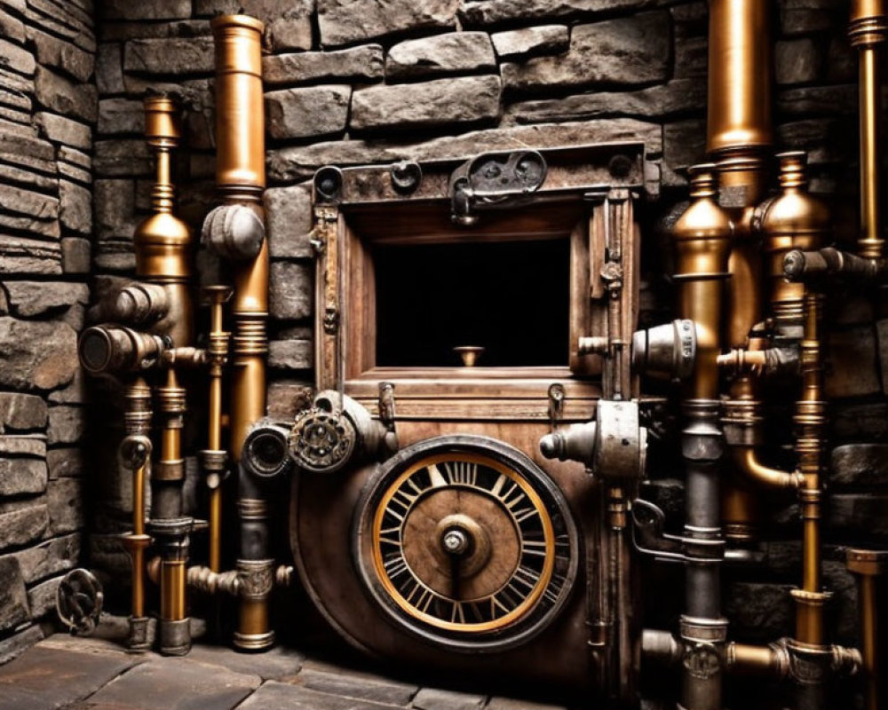 Steampunk-themed boiler with brass pipes and gears against stone wall and round glass window door