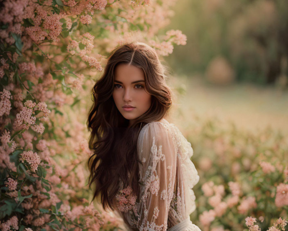 Woman in lace dress surrounded by pink blossoms and golden hour light.