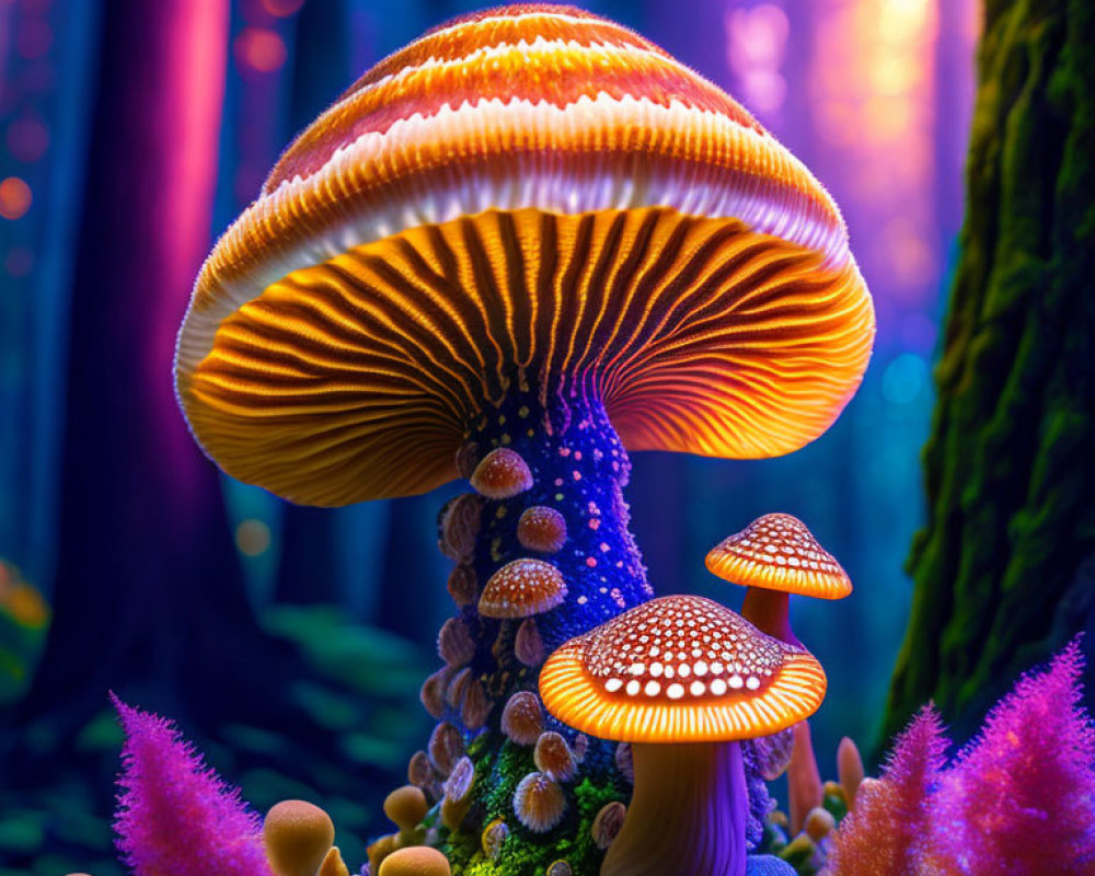 Colorful illuminated mushrooms in fantasy forest with purple and blue hues