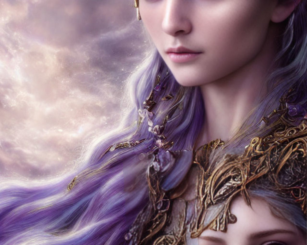 Digital Artwork: Ethereal Female Figures with Purple Hair & Golden Crowns