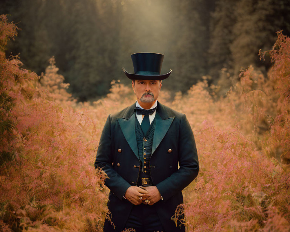 Vintage-suited man with top hat in pink foliage and pine tree backdrop