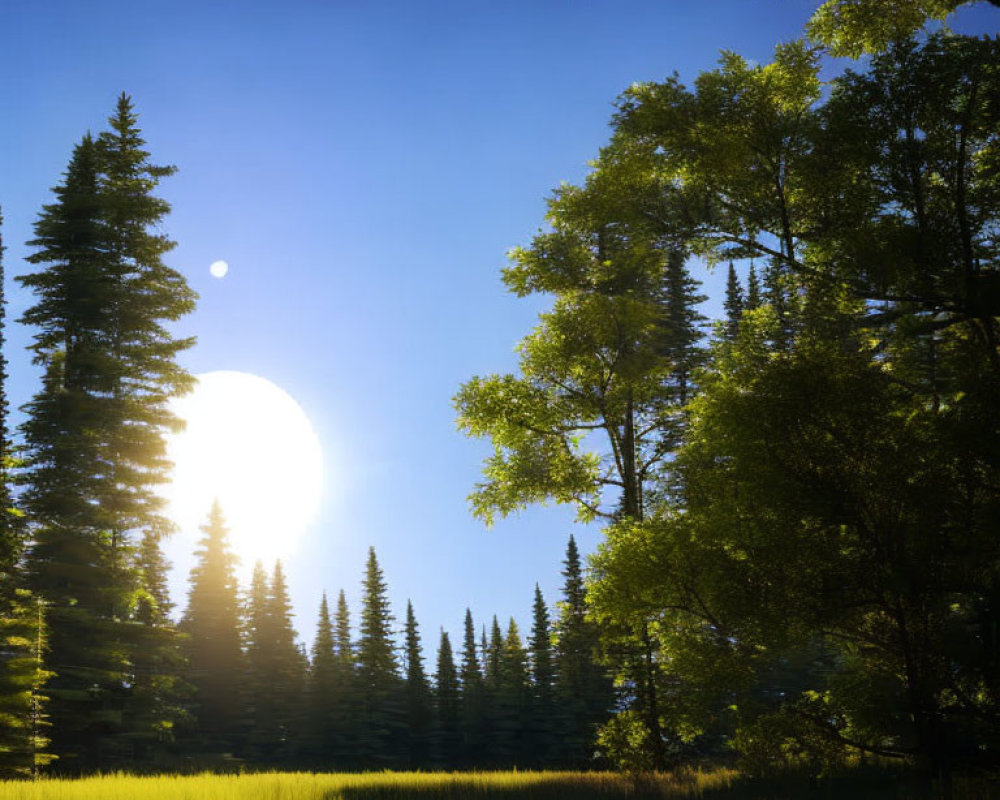 Tranquil Landscape with Trees, Meadow, Sun, Moon, and Sky