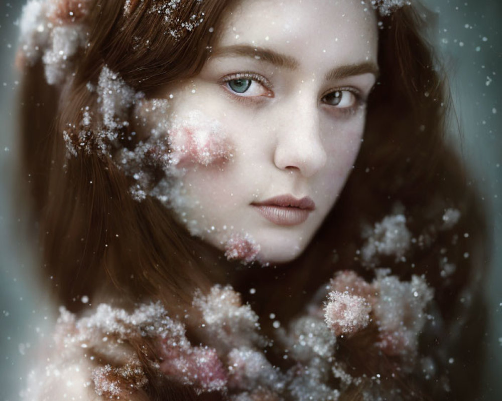 Person portrait with snowflakes and frost in hair: wintry, enchanted aesthetic