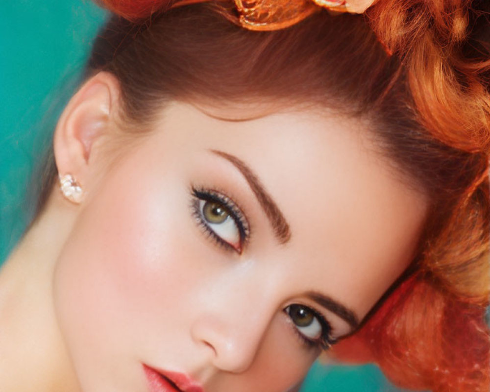 Woman with Blue Eyes and Orange Hair Poses Against Turquoise Background