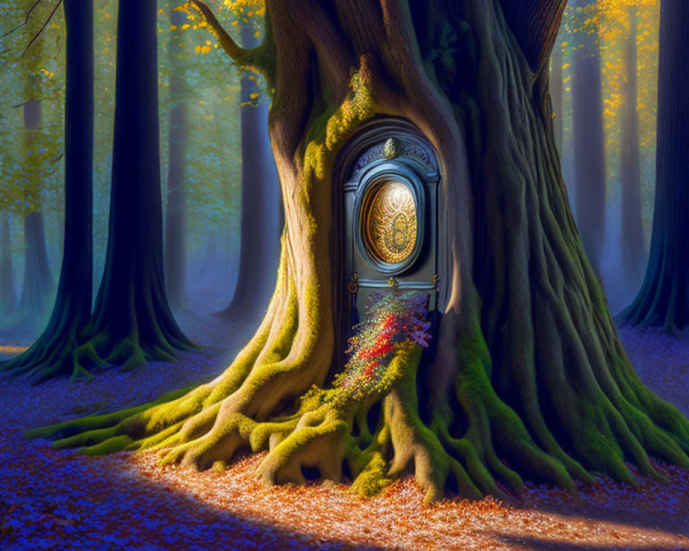 Enchanting forest scene with large tree and whimsical round door