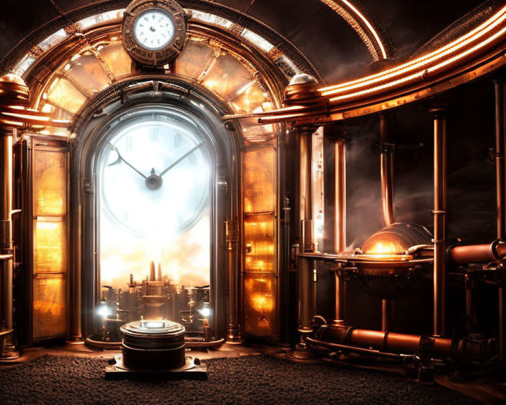 Steampunk-Inspired Room with Copper Walls, Intricate Clocks, and City View