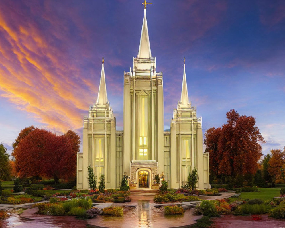 Golden spire temple at sunset with autumn trees and gardens