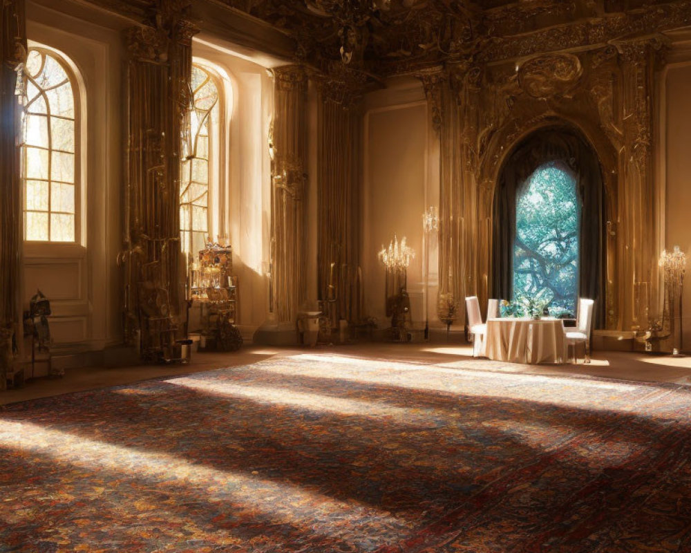 Luxurious room with golden details, chandelier, and patterned carpet