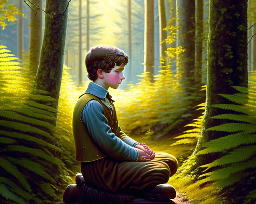 Illustration: Young boy meditating in sunlit forest surrounded by trees