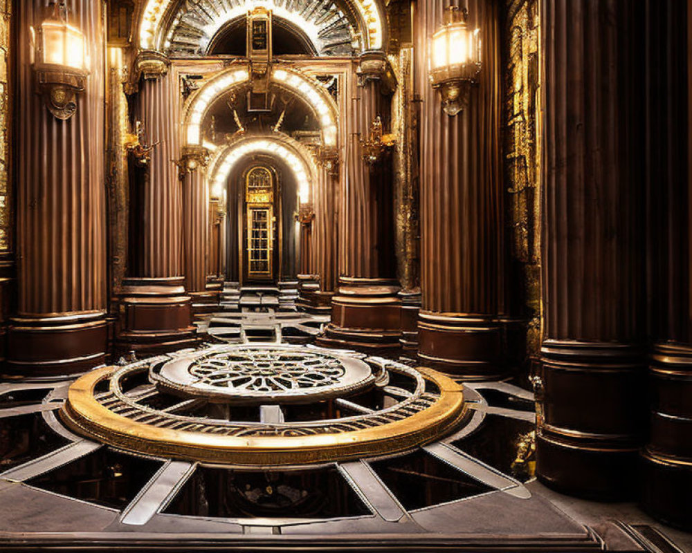 Luxurious room with round floor, ornate columns, golden trim, and illuminated ceiling