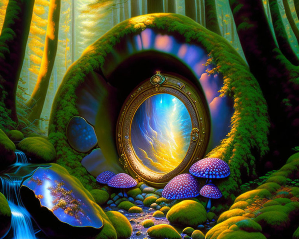 Enchanted forest scene with glowing mirror portal, moss-covered trees, blue mushrooms.