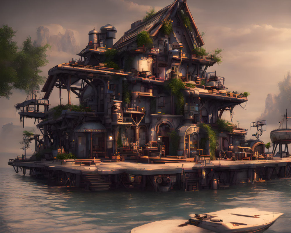 Fantasy house with balconies on water pier at dusk