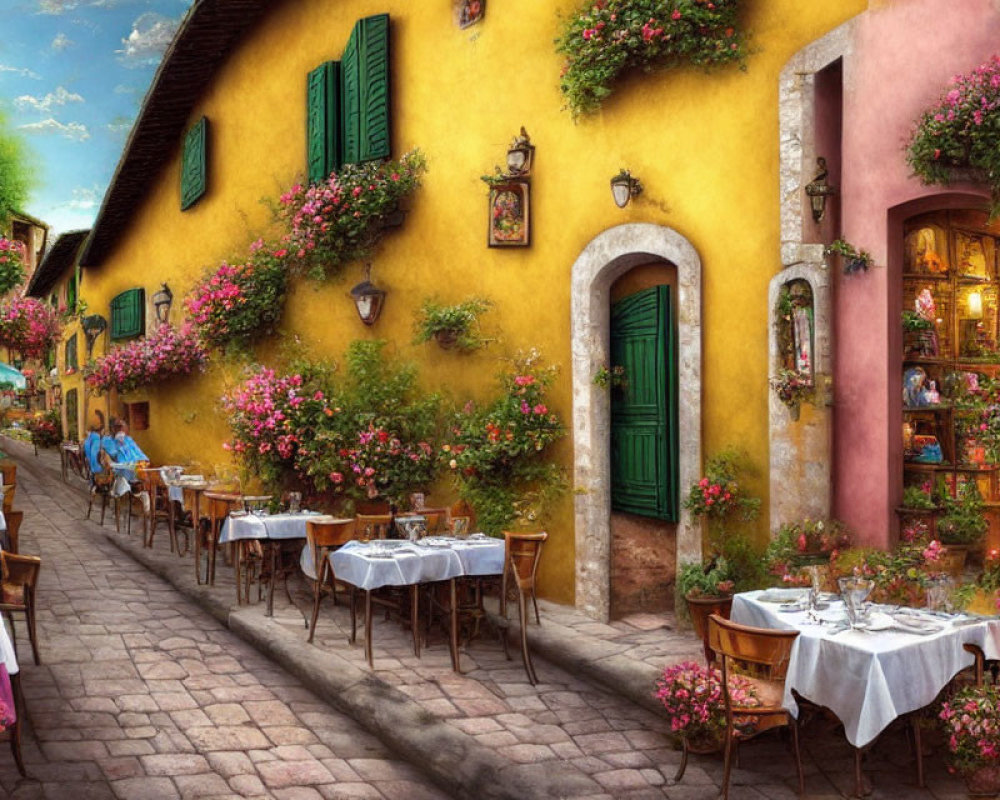 Charming street scene with yellow walls, green shutters, flowers, and outdoor dining.