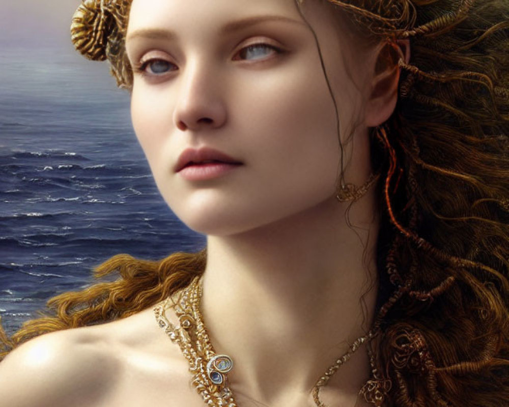 Woman with Gold Head Jewelry, Blue Eyes, Green Dress, Sea and Sky Background