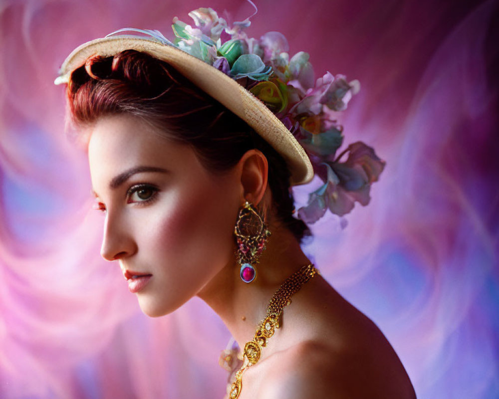 Woman Wearing Straw Hat with Spring Flowers and Elegant Jewelry